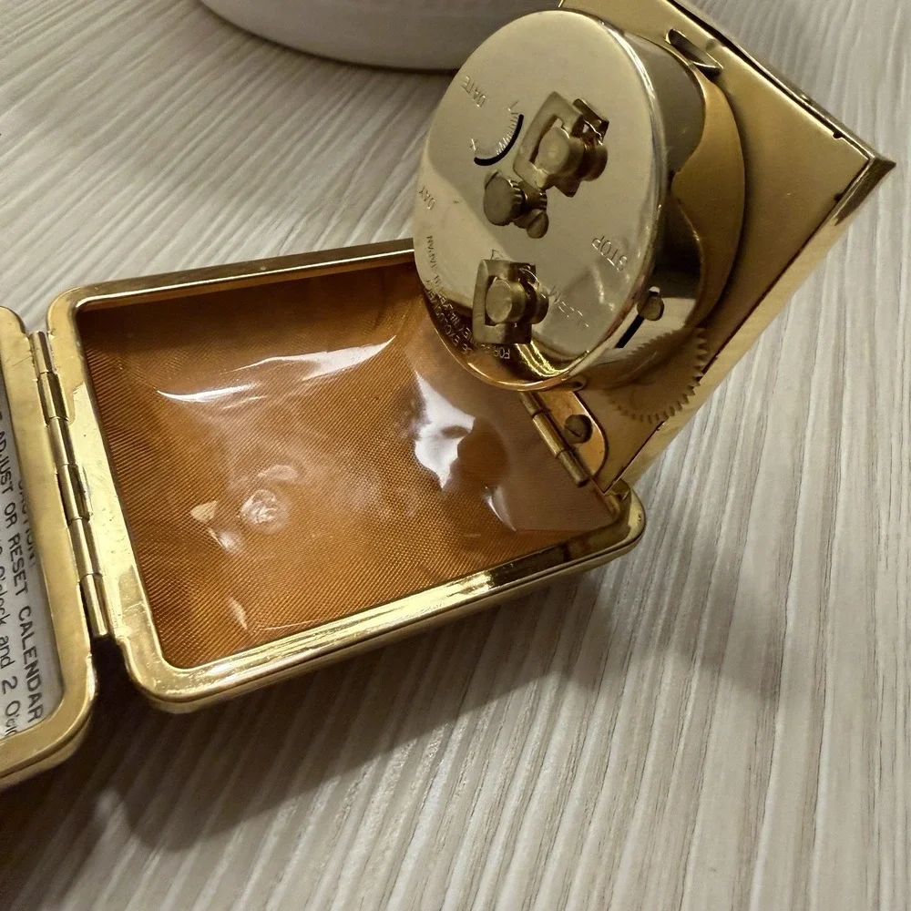 Phinney Walker Day & Date Alarm Windup Clock Tan Case Japan Vintage‎ 1950s works